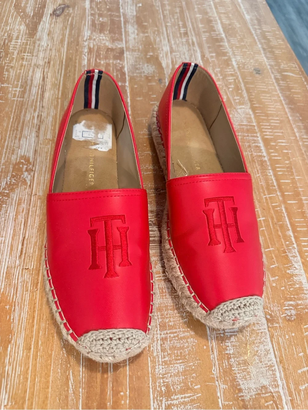 Tommy Hilfiger Red Leather Espadrille Slip-Ons with Embroidered TH Logo Size W8